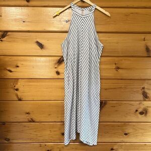 ExOfficio Halter Neck Bra Top Shark Bite Hem Active Dress Sz L White Blue Stripe